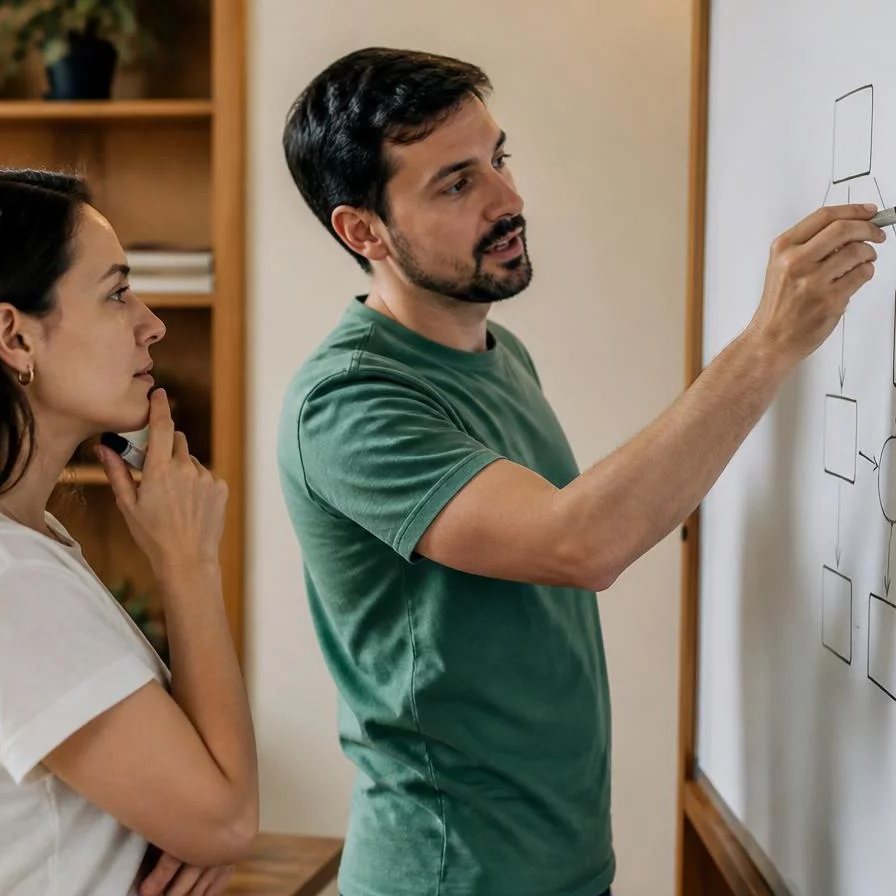 Duas participantes de pé junto ao quadro branco, desenhando as partes de um argumento