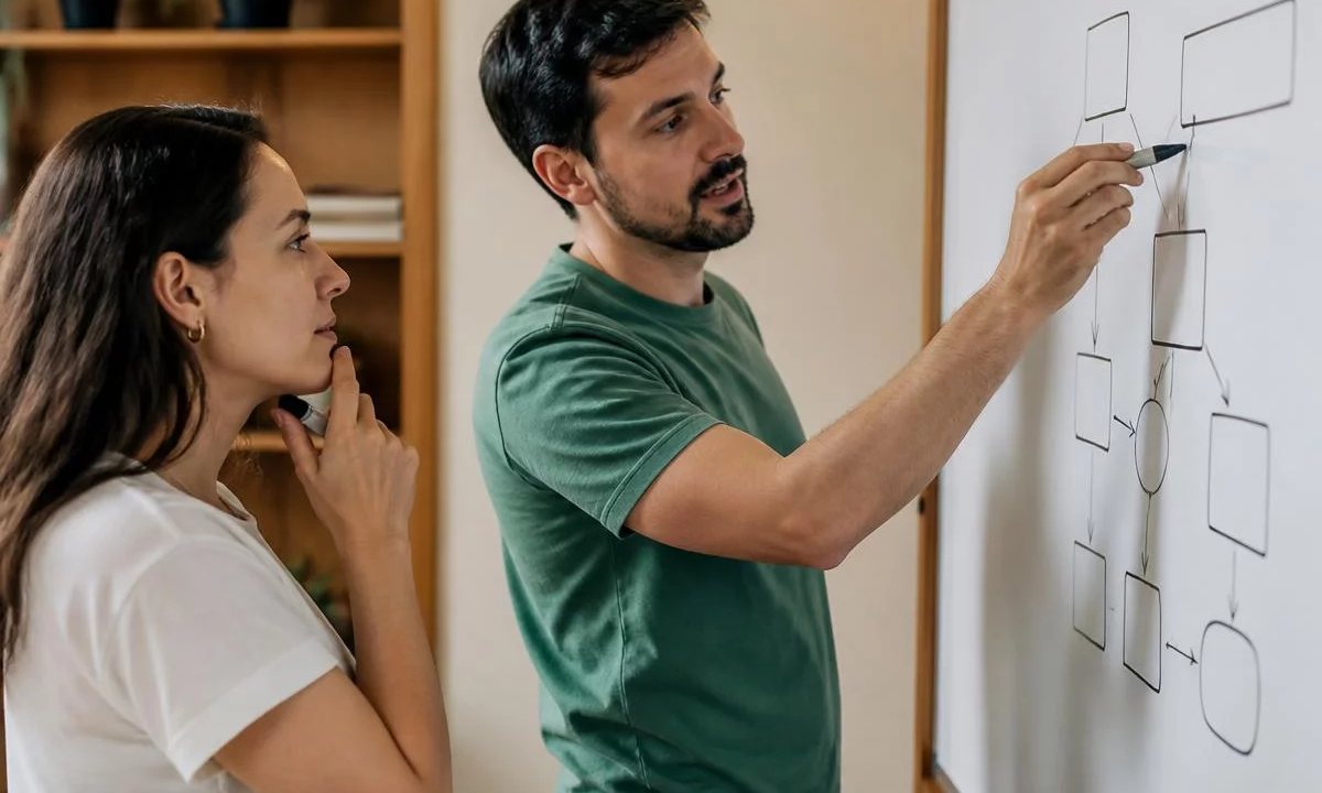 Grupo em sala clara acompanhando a explicação de uma participante que fala de pé
