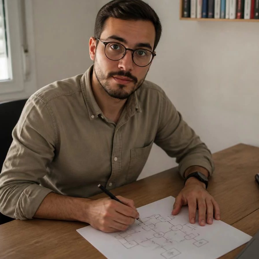 Duas pessoas relendo num tablet as notas da rodada anterior, apoiadas na mesa de madeira